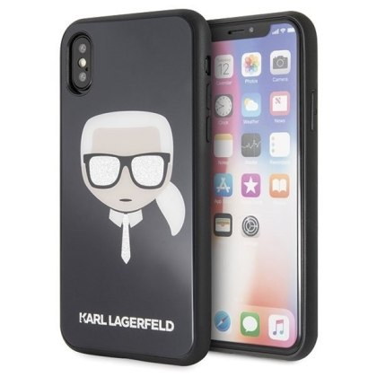 Etui Karl Lagerfeld do iPhone X / Xs czarny Iconic Glitter Karl`s Head