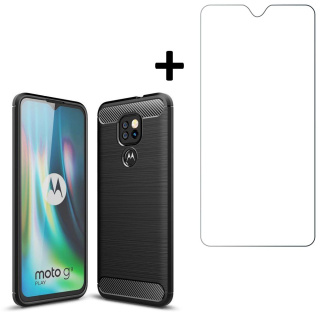 Etui Carbon + Szkło Płaskie do Motorola Moto G9 Play / E7 Plus