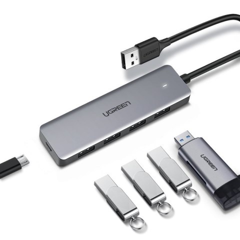Ugreen rozdzielacz HUB USB - 4x USB 3.2 Gen 1 z portem zasilania micro USB + adapter USB Bluetooth 4.0 szary (CM219 70336)