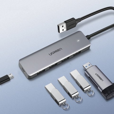 Ugreen rozdzielacz HUB USB - 4x USB 3.2 Gen 1 z portem zasilania micro USB + adapter USB Bluetooth 4.0 szary (CM219 70336)