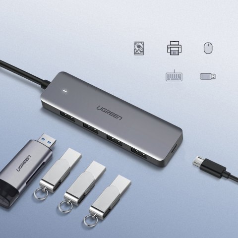 Ugreen rozdzielacz HUB USB - 4x USB 3.2 Gen 1 z portem zasilania micro USB + adapter USB Bluetooth 4.0 szary (CM219 70336)