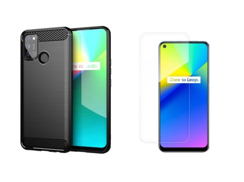 Etui Elastyczne Carbon Case + Szkło Hartowane do Realme 7i