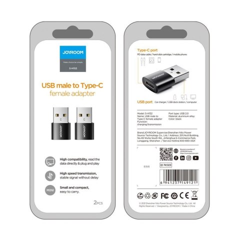 Joyroom S-H152 USB male to Type-C female adapter-2pcs Black
