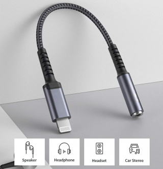 Adapter Przejściówka Ze Złącza Lightning Na 3,5 mm Mini Jack Szary