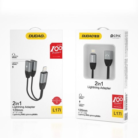 Adapter słuchawkowy przejściówka ze złącza Lightning na 2x Lightning do muzyki i ładowania szary (L17i gray)