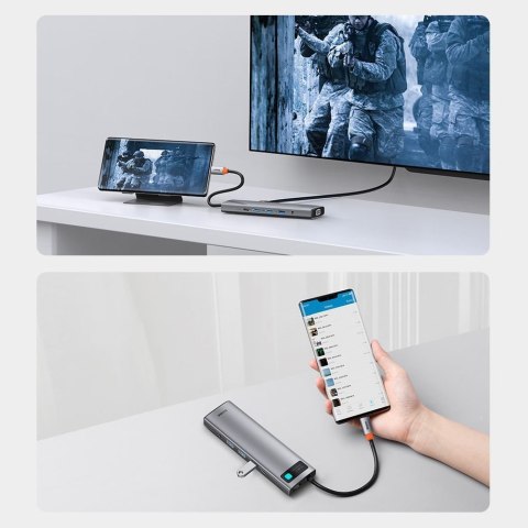 Baseus Metal Gleam 11w1 wielofunkcyjny HUB USB Typ C - 3x USB 3.2 Gen 1 5Gbps / USB Typ C PD 100W / 3,5 mm mini jack AUX / VGA F