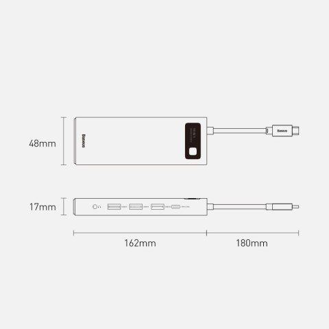 Baseus Metal Gleam 11w1 wielofunkcyjny HUB USB Typ C - 3x USB 3.2 Gen 1 5Gbps / USB Typ C PD 100W / 3,5 mm mini jack AUX / VGA F