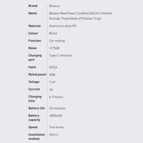 Baseus bezprzewodowa elektryczna maszyna polerska 30W 4000mAh czarna (CRDLQ-B01)