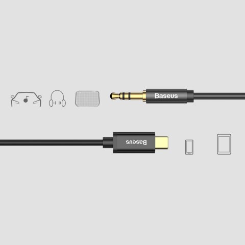 Baseus kabel audio stereo przejścióka AUX 3,5 mm mini jack - USB Typ C do telefonu tabletu 120cm czarny (CAM01-01)