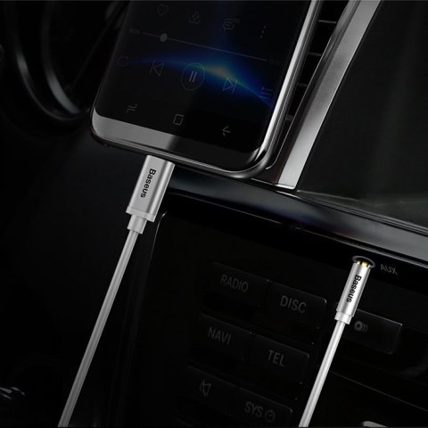 Baseus kabel audio stereo przejścióka AUX 3,5 mm mini jack - USB Typ C do telefonu tabletu 120cm czarny (CAM01-01)
