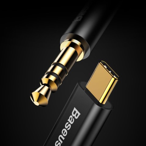 Baseus kabel audio stereo przejścióka AUX 3,5 mm mini jack - USB Typ C do telefonu tabletu 120cm czarny (CAM01-01)