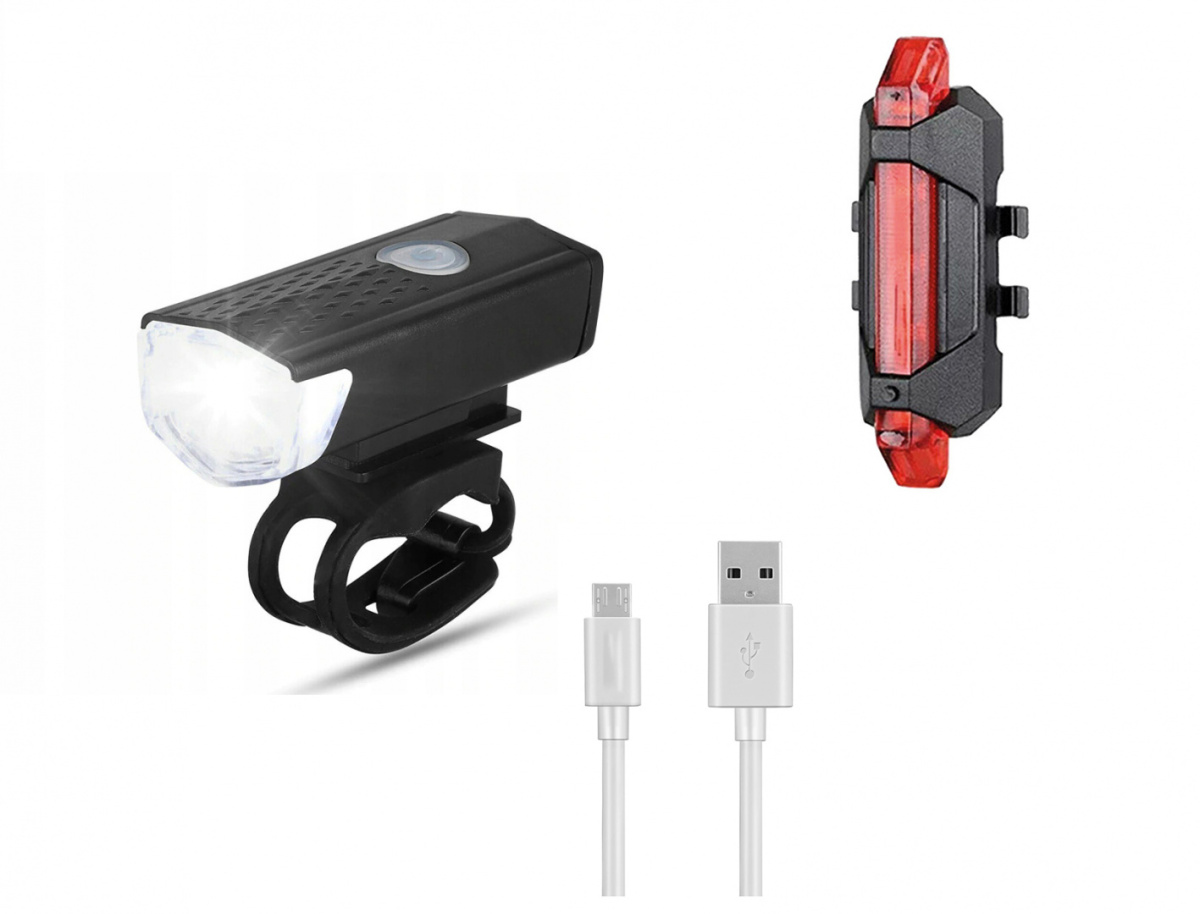 Zestaw lampek rowerowych LED: przód, tył, kabel do ładowania
