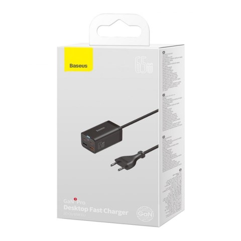 Baseus GaN3 Pro szybka ładowarka sieciowa GaN 2 x USB Typ C / 2 x USB 65W PD, QC4.0+, AFC + kabel USB Typ C - USB Typ C 1m czarn