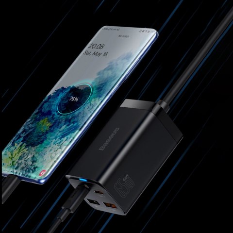 Baseus GaN3 Pro szybka ładowarka sieciowa GaN 2 x USB Typ C / 2 x USB 65W PD, QC4.0+, AFC + kabel USB Typ C - USB Typ C 1m czarn