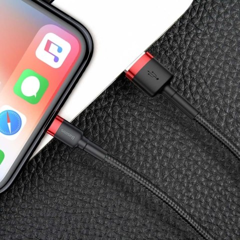 Baseus Cafule Cable wytrzymały nylonowy kabel przewód USB / Lightning QC3.0 2A 3M czarno-czerwony (CALKLF-R91)
