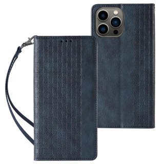Magnet Strap Case etui iPhone 14 Plus pokrowiec z klapką portfel mini smycz podstawka niebieskie