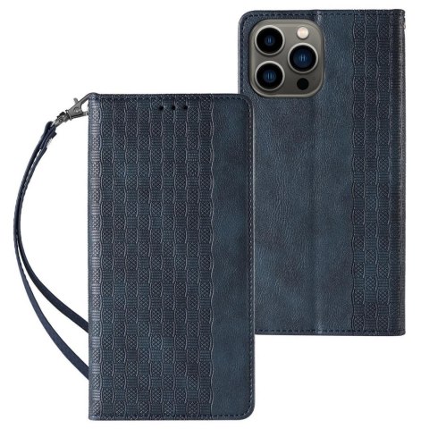 Magnet Strap Case etui iPhone 14 Plus pokrowiec z klapką portfel mini smycz podstawka niebieskie