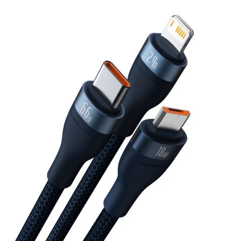 Baseus Flash Series Ⅱ kabel 3w1 z szybkim ładowaniem USB-A do USB-C / Micro-USB / Lightning 66W 480Mb/s 1.2m niebieski