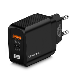 Ładowarka sieciowa USB z 2 portami (USB, USB C) 20W czarna WWC001