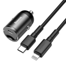 Mini ładowarka samochodowa USB Typ C 30W Quick Charge 3.0 PD 3.0 + kabel USB Typ C / Lightning 1m szary