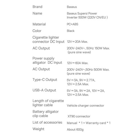Baseus samochodowa przetwornica inwerter prądu 150W 12V / 500W 220V (wtyczka EU i CN) czarny (CGNB000101)