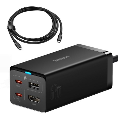 Baseus szybka ładowarka sieciowa GaN5 Pro HUB HDMI 2 x USB-C / USB-A / HDMI 4K 30Hz 1,5m czarna + kabel USB-C - USB-C 100W 40Gb/