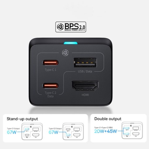 Baseus szybka ładowarka sieciowa GaN5 Pro HUB HDMI 2 x USB-C / USB-A / HDMI 4K 30Hz 1,5m czarna + kabel USB-C - USB-C 100W 40Gb/