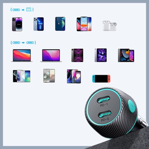 Ładowarka samochodowa 2x USB C 70W z podświetleniem LED Joyroom JR-CCN02 | czarna