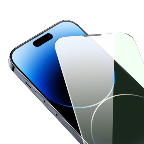 Baseus szkło hartowane do iPhone 14 Pro Max na cały ekran z filtrem Anti Blue Light i osłoną na głośnik 0.3mm + ramka montażowa