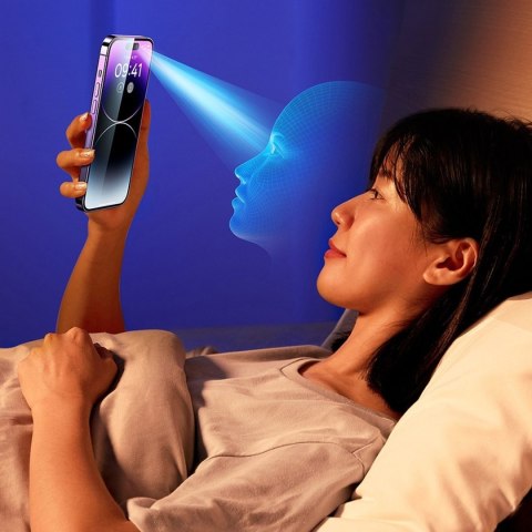 Baseus szkło hartowane do iPhone 14 Pro Max na cały ekran z filtrem Anti Blue Light i osłoną na głośnik 0.3mm + ramka montażowa
