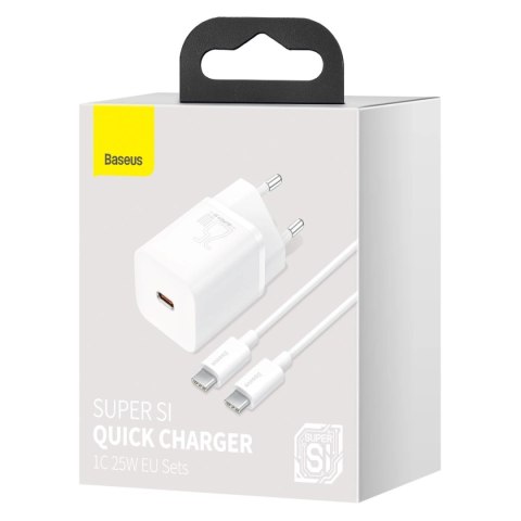 Szybka ładowarka sieciowa Baseus Si USB-C 25W 3A z kablem USB-C / USB-C 1m - biały