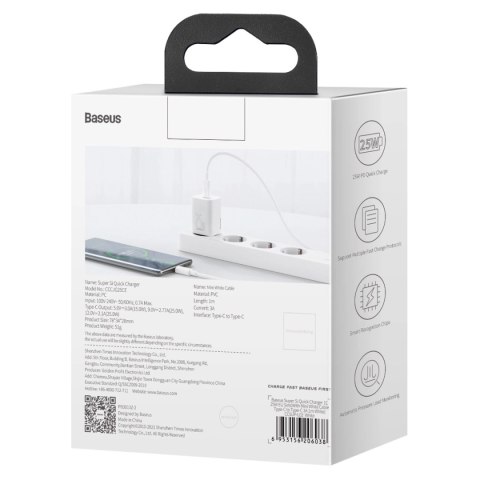 Szybka ładowarka sieciowa Baseus Si USB-C 25W 3A z kablem USB-C / USB-C 1m - biały
