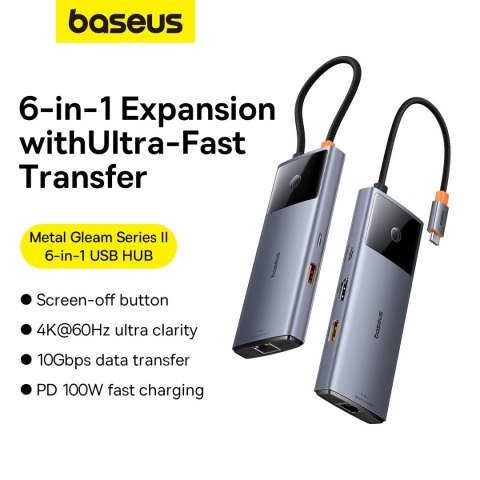HUB USB 6w1 Baseus Metal Gleam Series II USB-A/USB-C/USB-C PD/HDMI/RJ45/SD/TF - czarny
