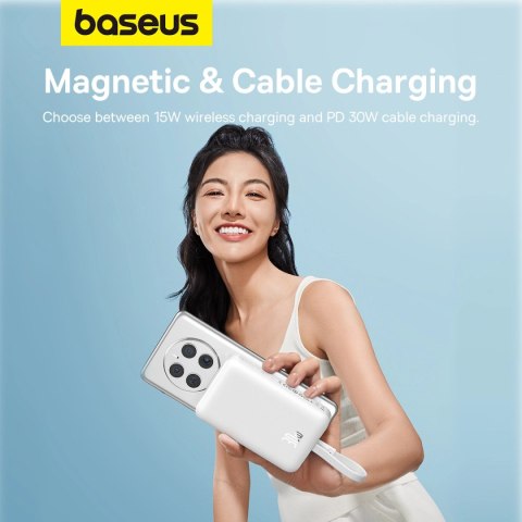 Powerbank Baseus Magnetic Mini MagSafe 10000mAh 30W z wbudowanym kablem Lightning - biały + kabel Baseus Simple Series USB-C - U