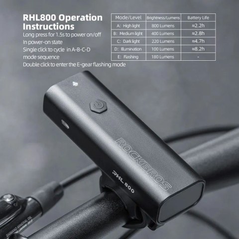 Lampka rowerowa przednia Rockbros 24710012001 800 lm - czarna