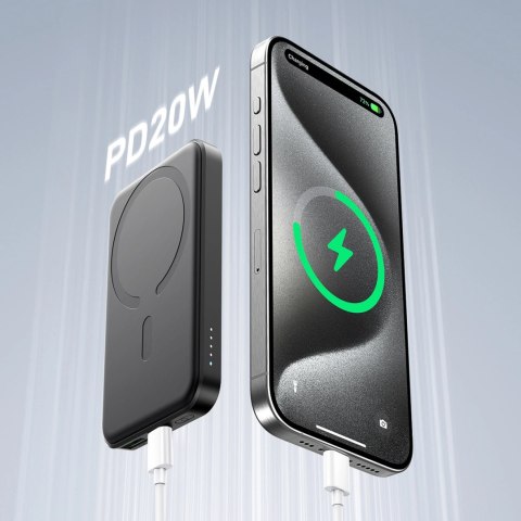 Powerbank Joyroom JR-W020 Mini 5000mAh USB-A USB-C indukcyjny 20W - czarny + kabel USB-C / USB-C