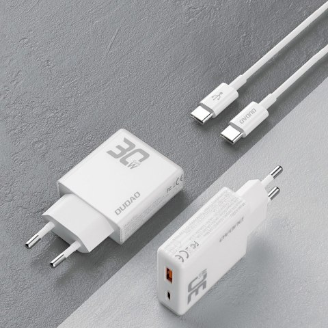 Ładowarka sieciowa GaN Dudao A30EUT 30W USB-A / USB-C + kabel USB-C - USB-C - biała