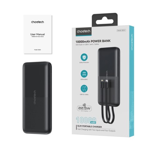 Powerbank Choetech B654 10000mAh 22.5W USB-A / USB-C / micro USB z wbudowanym kablem USB-C / Lightning - czarny