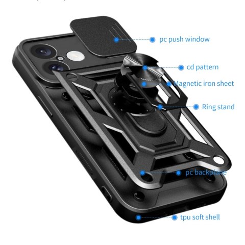 Etui Hybrid Armor Camshield na iPhone 16 pancerne z osłoną na aparat z podstawką - czarne