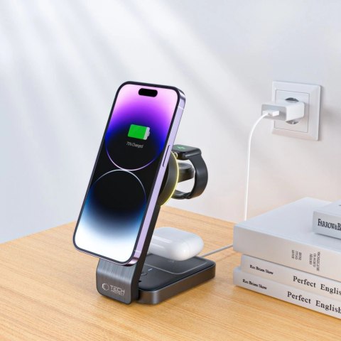 Ładowarka Tech-Protect QI15W-A28 indukcyjna MagSafe 3w1 ze stojakiem na smartfon / Apple Watch / AirPods - czarna