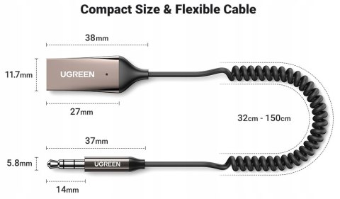 UGREEN ODBIORNIK DŹWIĘKU BLUETOOTH 5.3 KABEL USB ADAPTER AUDIO AUX JACK