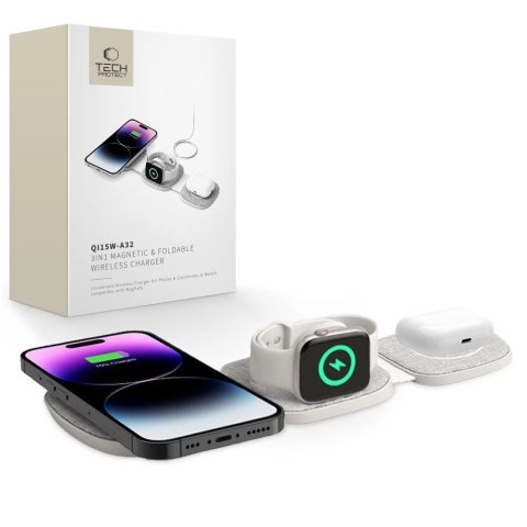 Ładowarka Tech-Protect QI15W-A32 indukcyjna 3w1 z MagSafe na smartfon / Apple Watch / AirPods - szara