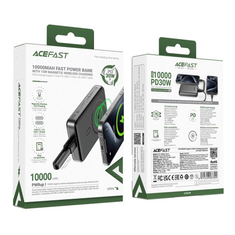 Powerbank Acefast M10 magnetyczny 2x USB-C PD 30W z ładowaniem indukcyjnym 15W i kablem USB-C - czarny