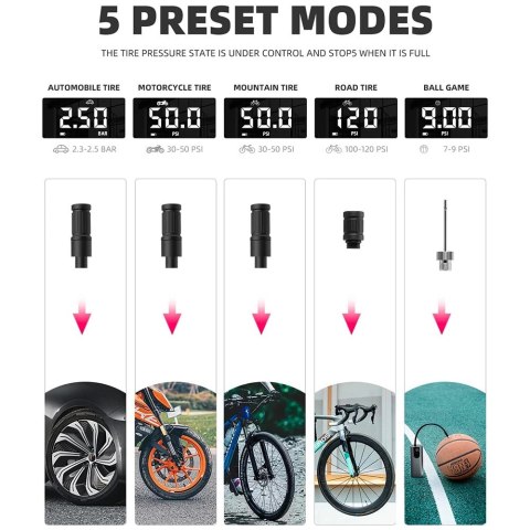 Elektryczna pompka do roweru Rockbros 42720001001 z wyświetlaczem LED + kabel USB-C - USB-A - czarna