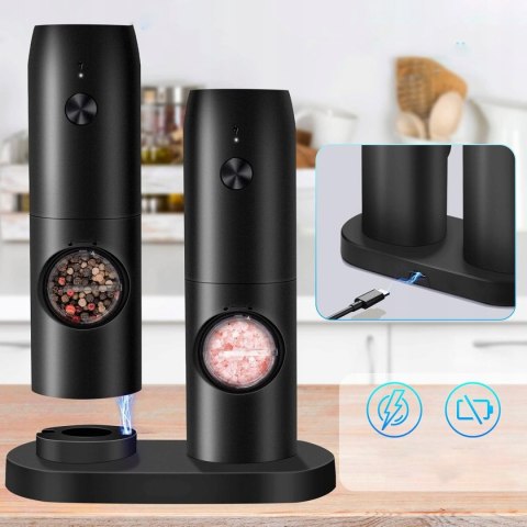 Elektryczny młynek do pieprzu i soli na prezent z podstawka zestaw 2 szt