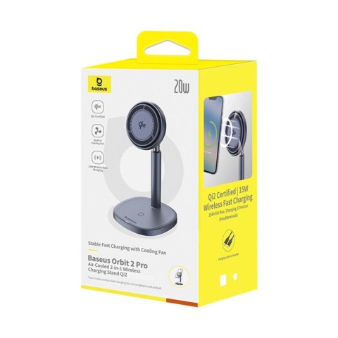 Ładowarka indukcyjna Baseus Orbit 2 Pro MagSafe Qi2 20W 2 w 1 z chłodzeniem - szara