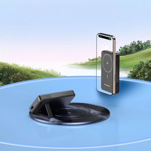 Powerbank Wozinsky WLWP-10KA0Y3S 22,5W PD Qi2 10000 mAh, z podstawką, 1x USB-A, 1x USB-C - czarny