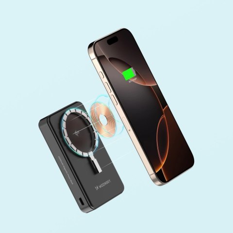 Powerbank Wozinsky WLWP-10KA0Y3S 22,5W PD Qi2 10000 mAh, z podstawką, 1x USB-A, 1x USB-C - czarny