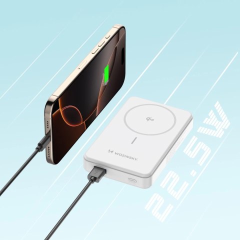 Powerbank Wozinsky WLWP-10KA0Y3WS 22,5W PD Qi2 10000 mAh, z podstawką, 1x USB-A, 1x USB-C - biały