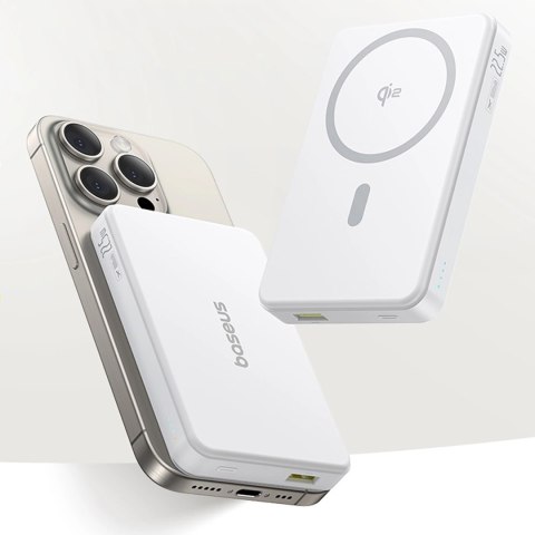 Powerbank Baseus Airpow II 10000mAh Qi2 z MagSafe 22,5W z kablem Baseus Simple Series USB-C - USB-C 20V/3A (30cm) - biały